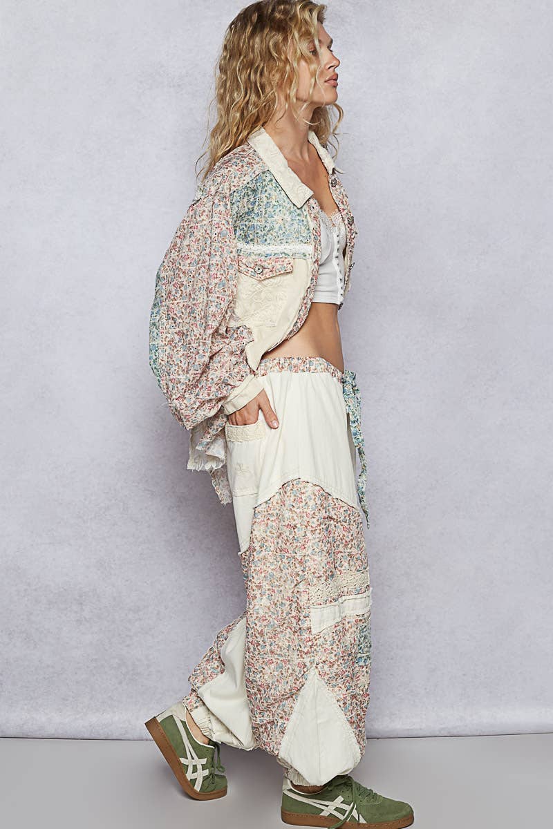 Floral print patchwork twill woven jogger pants