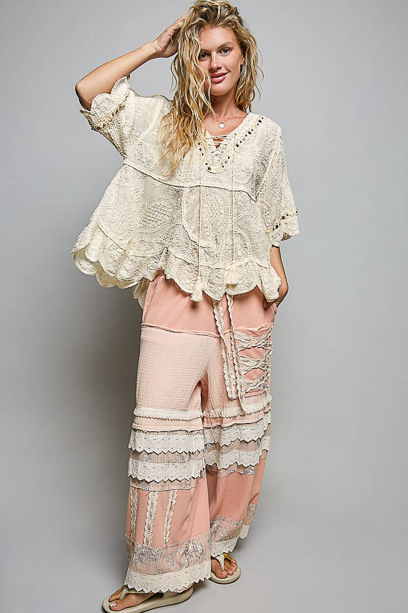 Short Sleeve Adjustable Drawstring Crochet V Neck Top