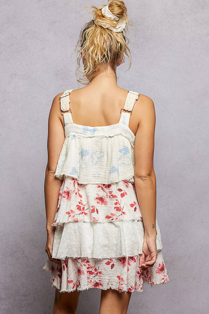 Boho Eyelet Patch Ruffle Floral Print Mini Dress