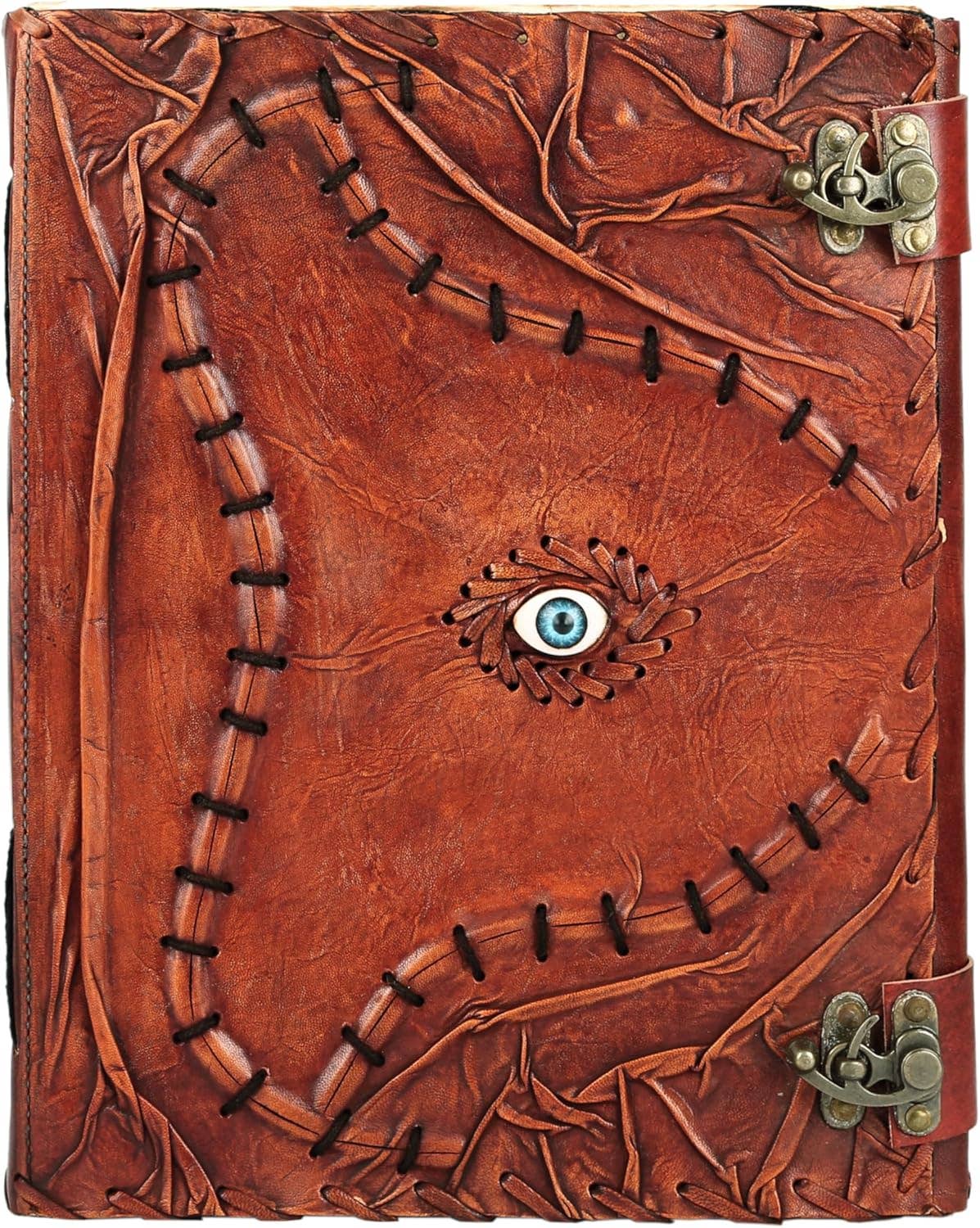 TUZECH Cutomizable Hocus Pocus Book of Spells Leather Journal Third Eye Deckle Edge Paper Grimoire Journal Vintage Book of Shadows Seven Chakra Antique Spell Book Lock Clasp Notebook Witch
