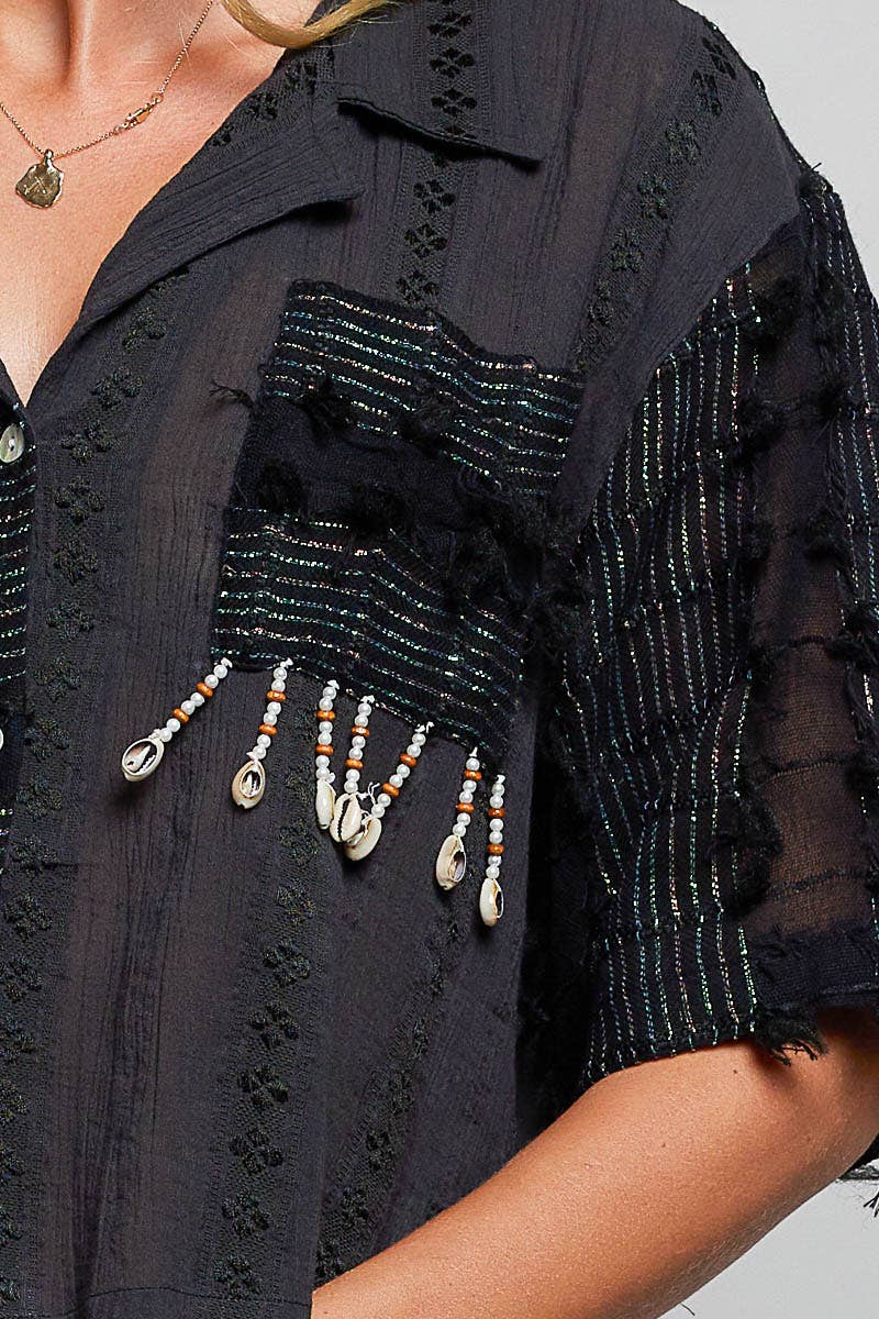 Boho Woven Texture Fringe Shell Beads Short Shirt Top