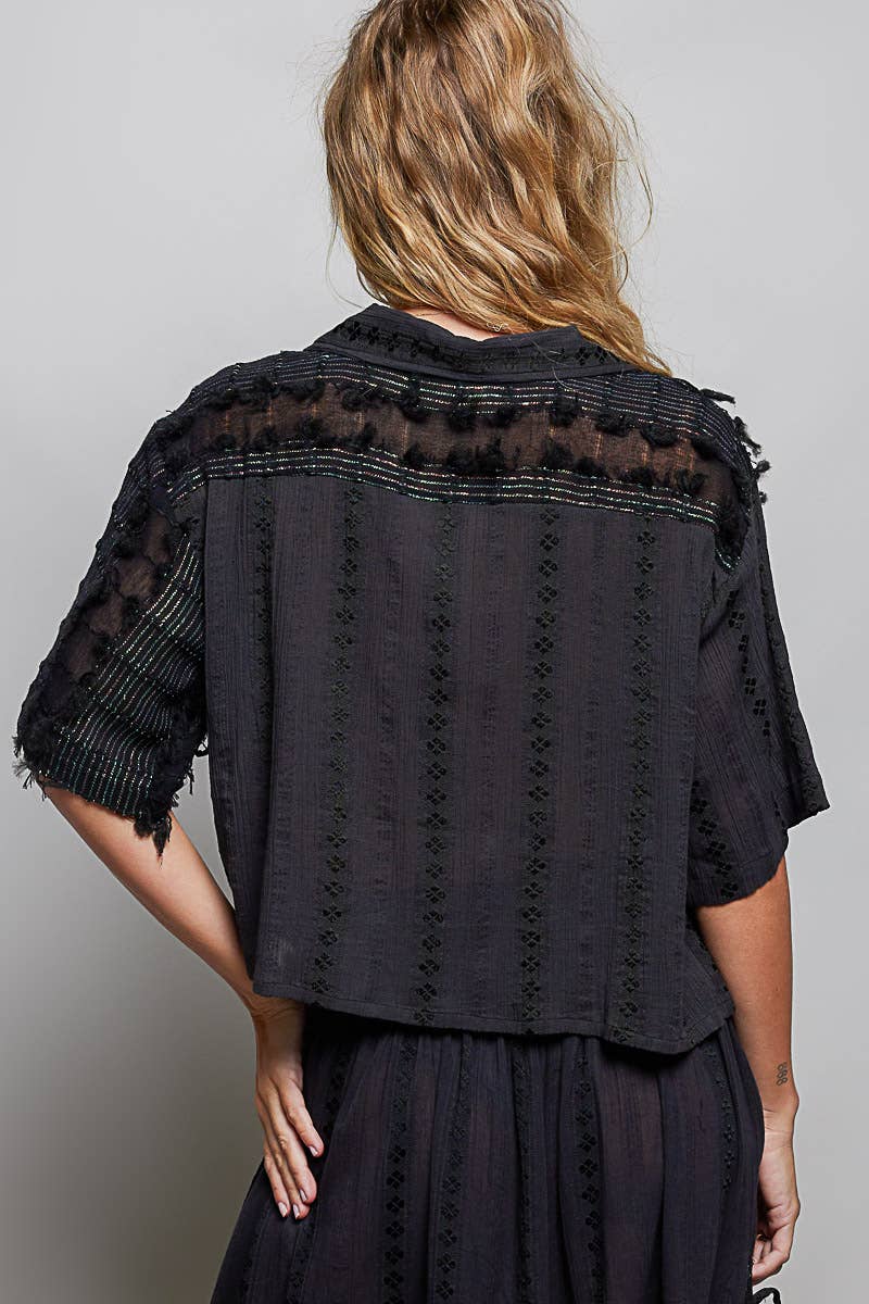Boho Woven Texture Fringe Shell Beads Short Shirt Top