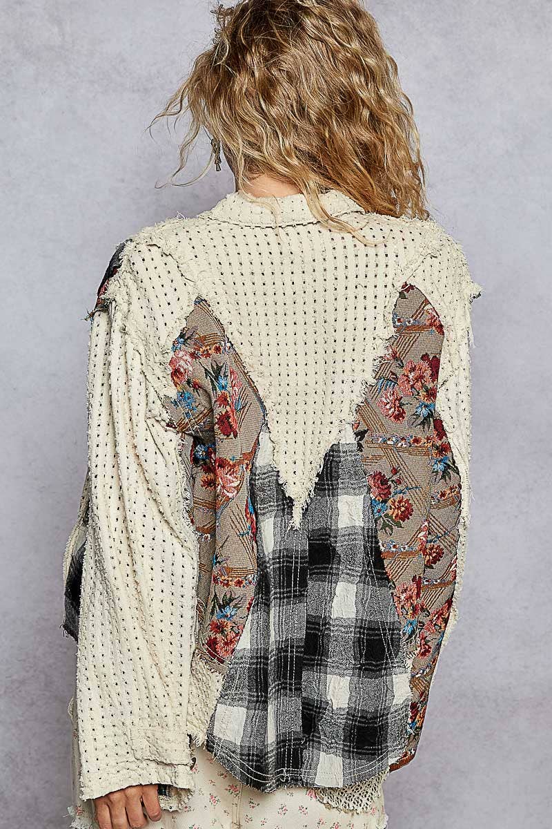 Bell sleeve front zipper jaquard contrast jacket: IVORY MULTI