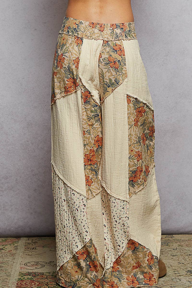 Double gauze varied printed patchwork woven pants: OLIVE or NATURAL