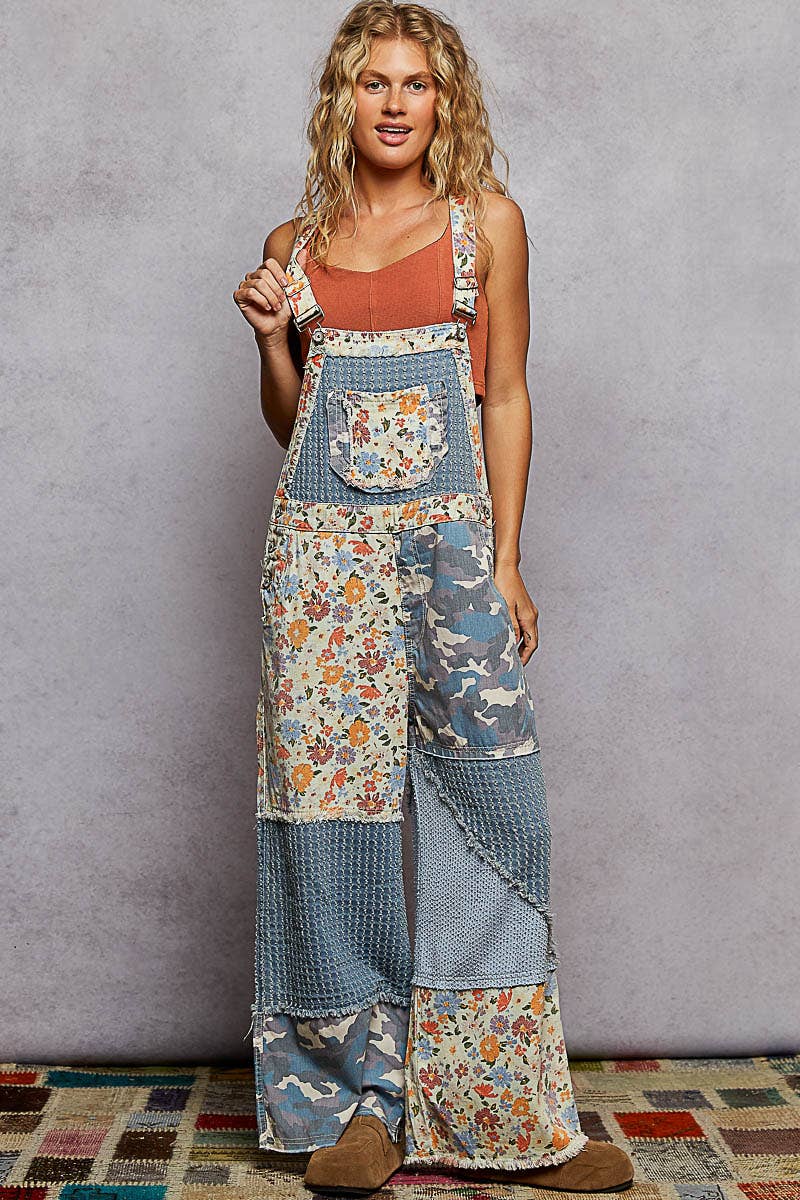 Overalls Animal/Floral Printed Frayed Edge Twill Woven overalls: DENIM S - L