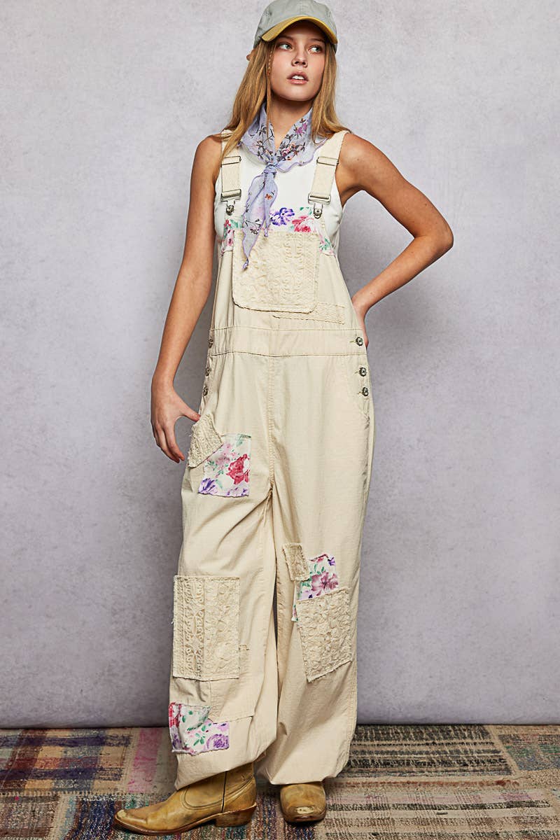Printed Lace Patch Trim Strap Relaxed Fit Jogger Overall