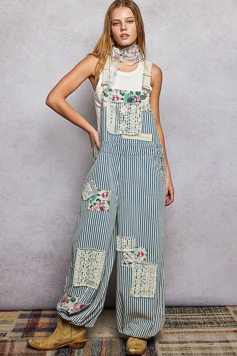 Printed Lace Patch Trim Strap Relaxed Fit Jogger Overall
