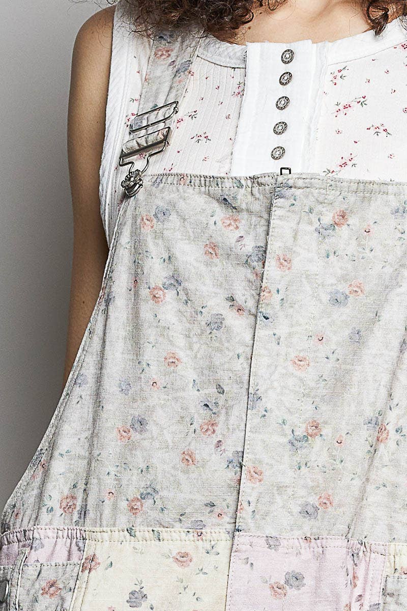 Boho Floral Print Lace Trim Woven Front Zip Overall
