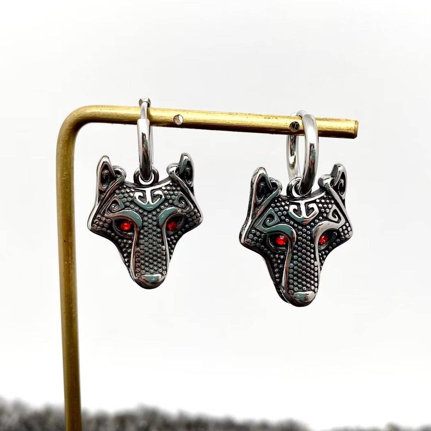 Viking Celtic Trinity Rune Wolf Head S.Steel Earrings - MJ