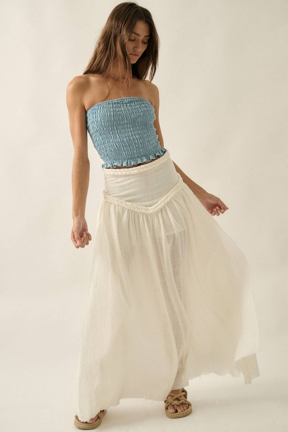 Solid Cotton Gauze Drop-Waist Yoke Maxi Skirt