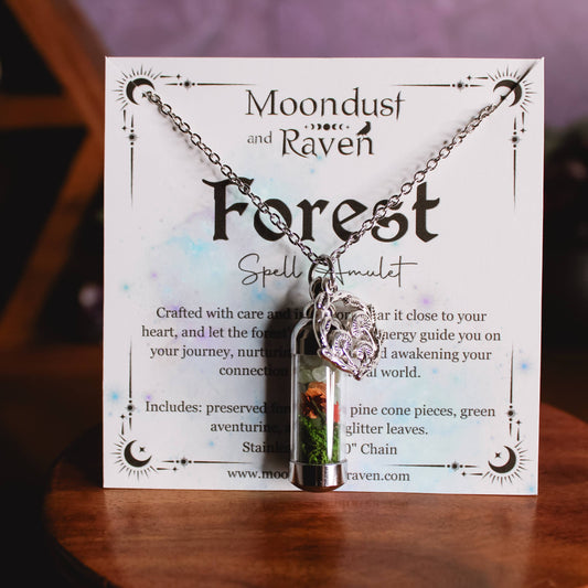 Forest Spell Jar Amulet Necklace, Witchy Crystal Jewelry