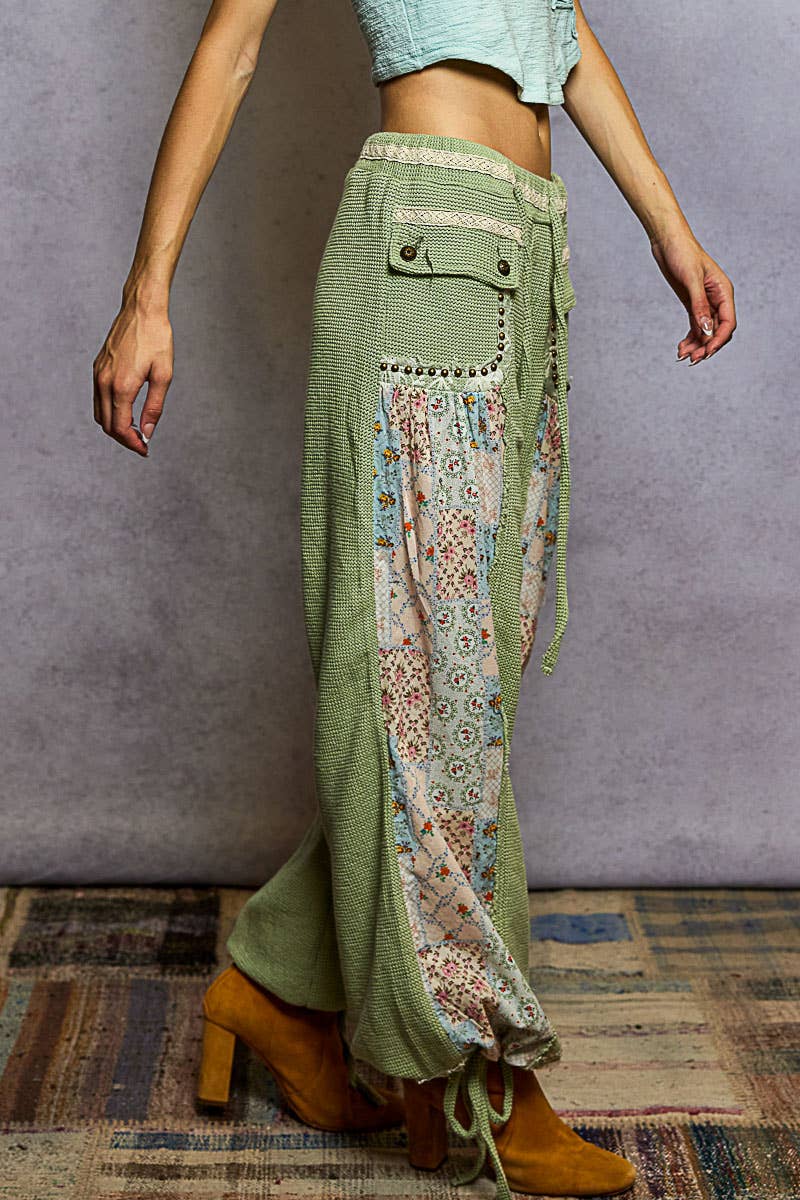 Elastic band floral print patch stud detail jogger pants: Pink or Sage