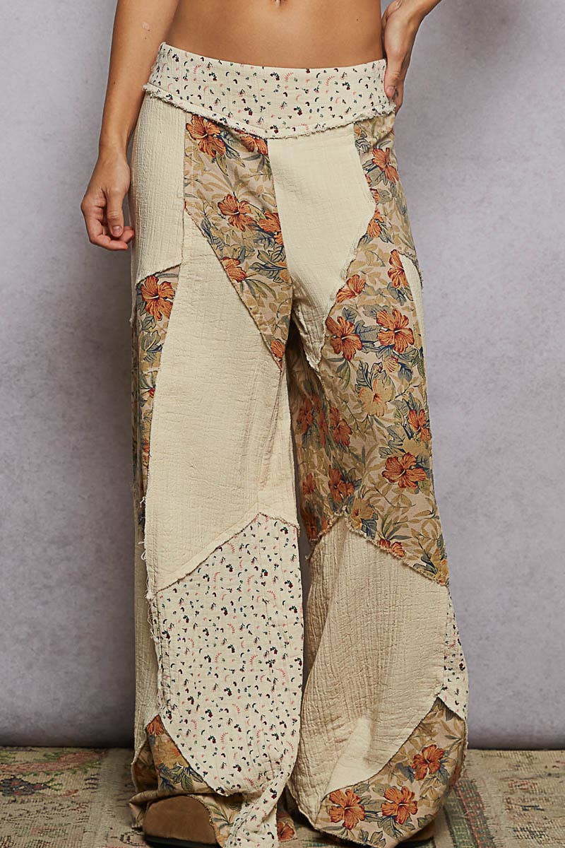 Double gauze varied printed patchwork woven pants: OLIVE or NATURAL