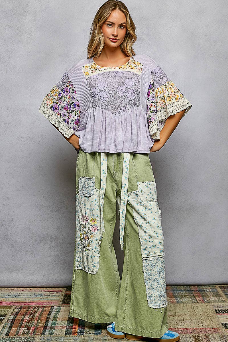 Rib Floral Pattern Round Neck Short Sleeve Top