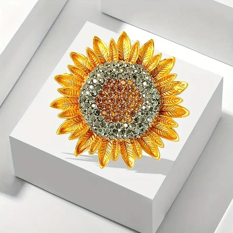 Vibrant Sunflower Brooch, Rhinestones, Elegant 1.5"