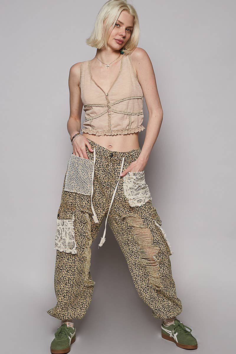 Vintage Wash Crochet Patches Distress Jogger Pants CAMO