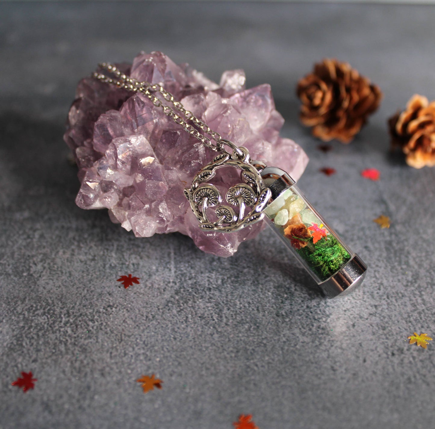 Forest Spell Jar Amulet Necklace, Witchy Crystal Jewelry