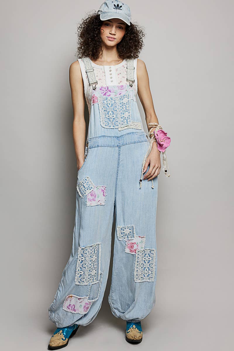 Printed Lace Patch Trim Strap Relaxed Fit Jogger Overall