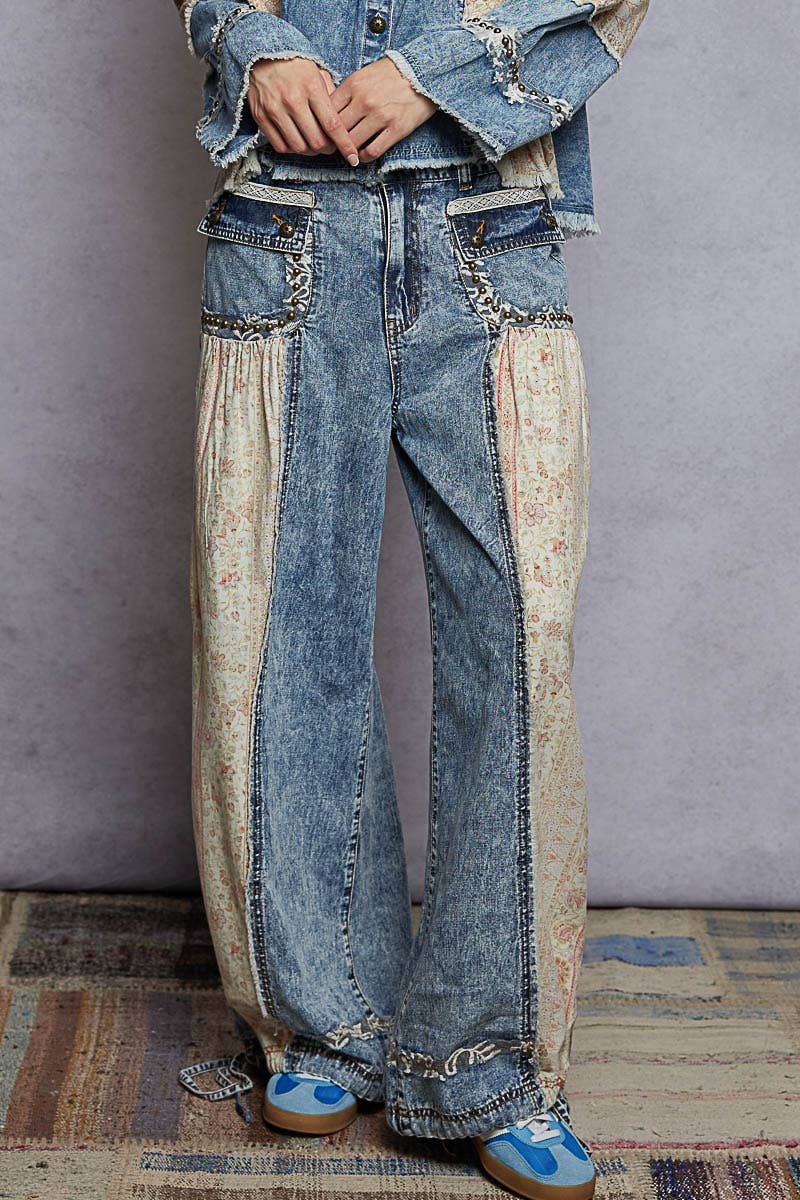 Elastic band floral print patch stud detail jogger pants: Pink or Sage