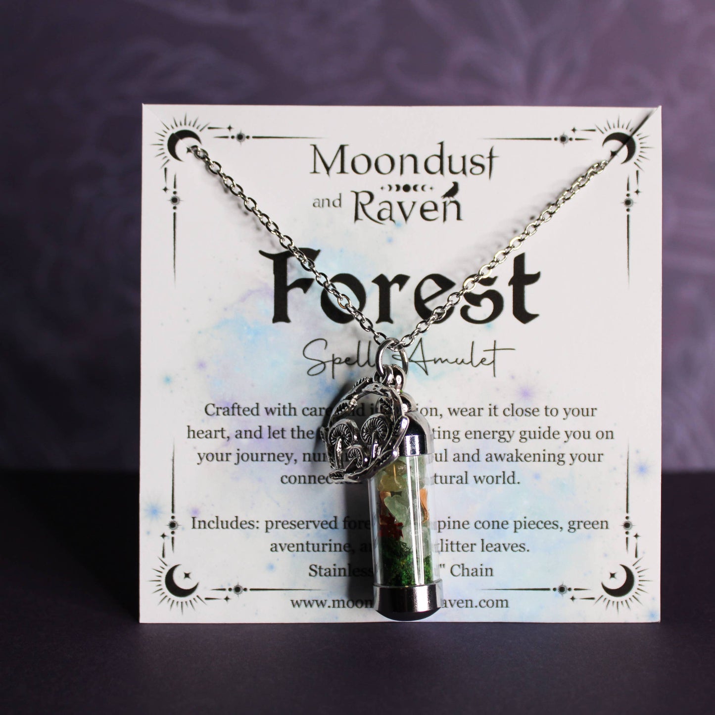 Forest Spell Jar Amulet Necklace, Witchy Crystal Jewelry