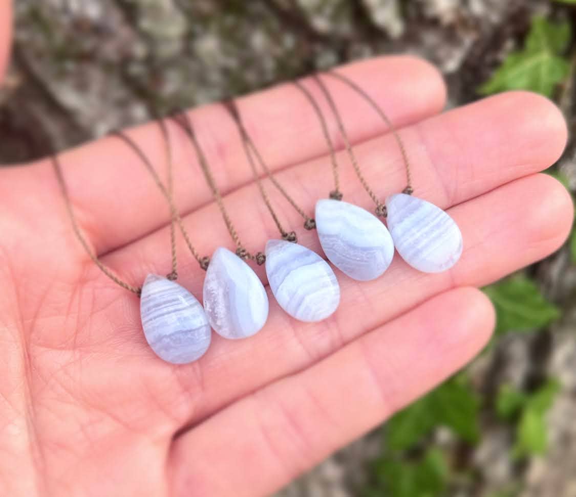 Blue Lace Agate Smooth Teardrop Cord Necklace : 16, 18, 20 inches