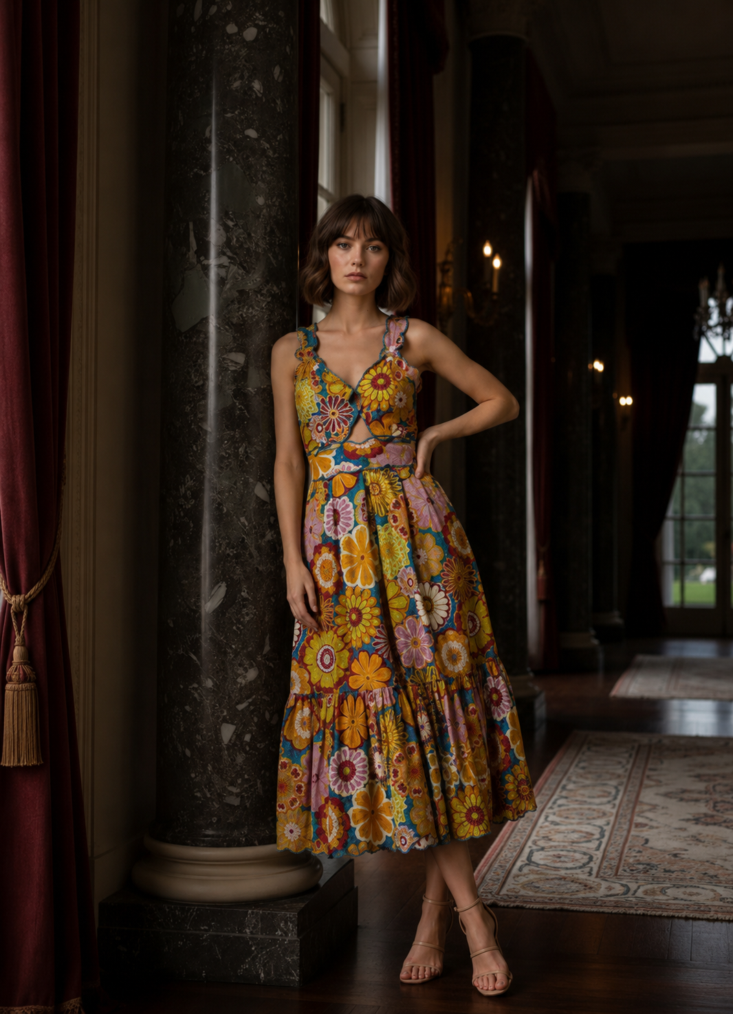 V-Neckline Laser Cut with Piping Midi Dress