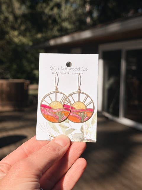 Colorful desert sunset and cactus brass earrings