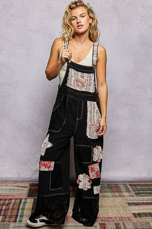 Double Gauze Lace Contrast Side Zipper Patchwork Overalls