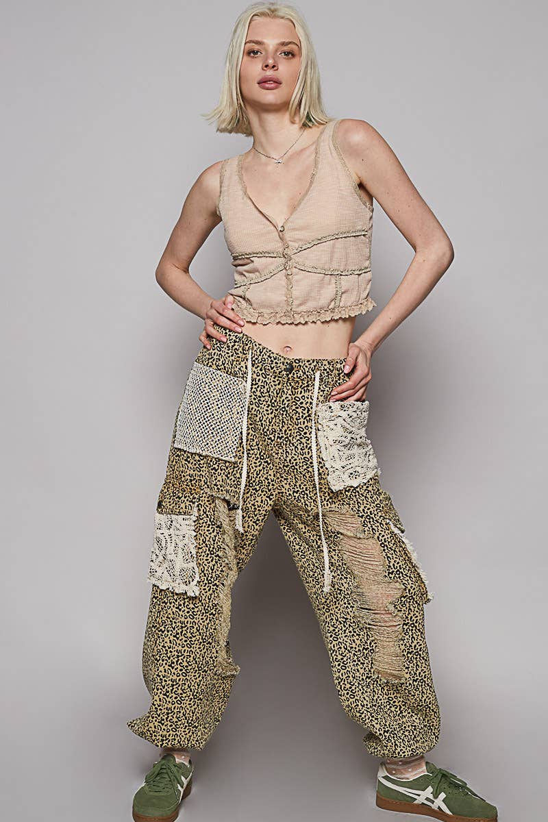 Vintage Wash Crochet Patches Distress Jogger Pants CAMO