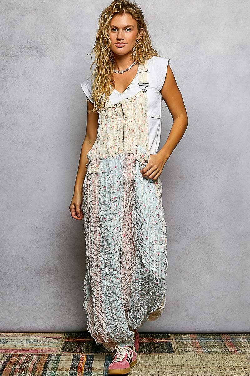 Boho Floral Print Lace Trim Woven Front Zip Overall