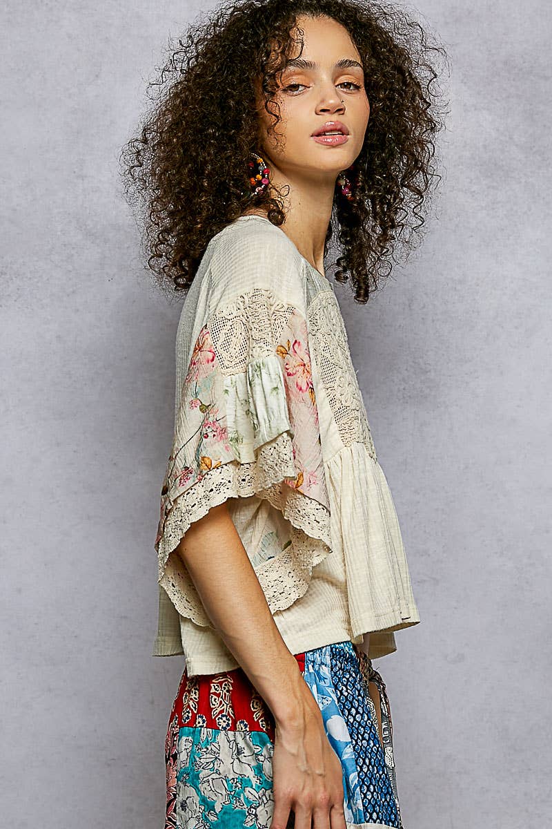 Rib Floral Pattern Round Neck Short Sleeve Top