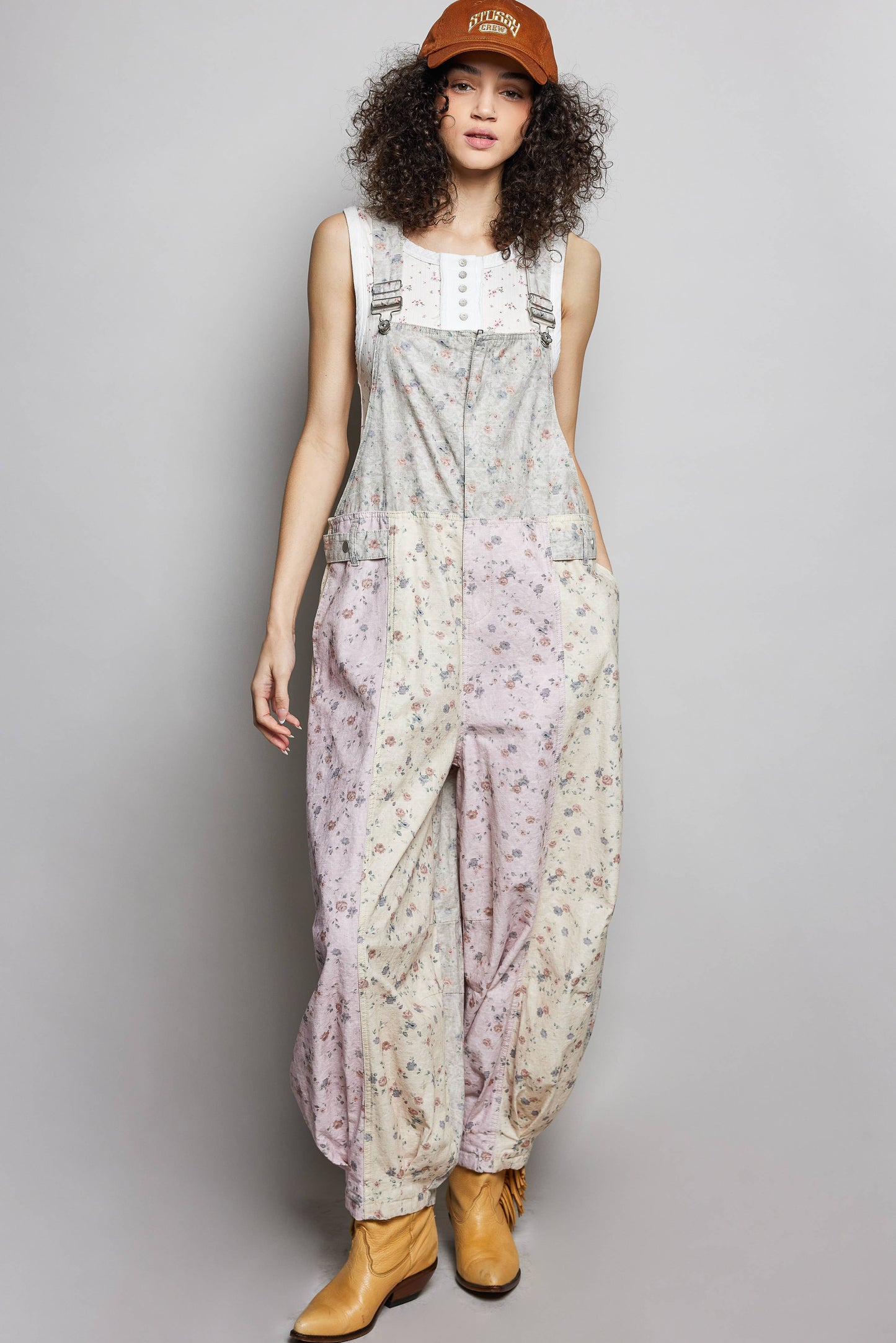 Boho Floral Print Lace Trim Woven Front Zip Overall