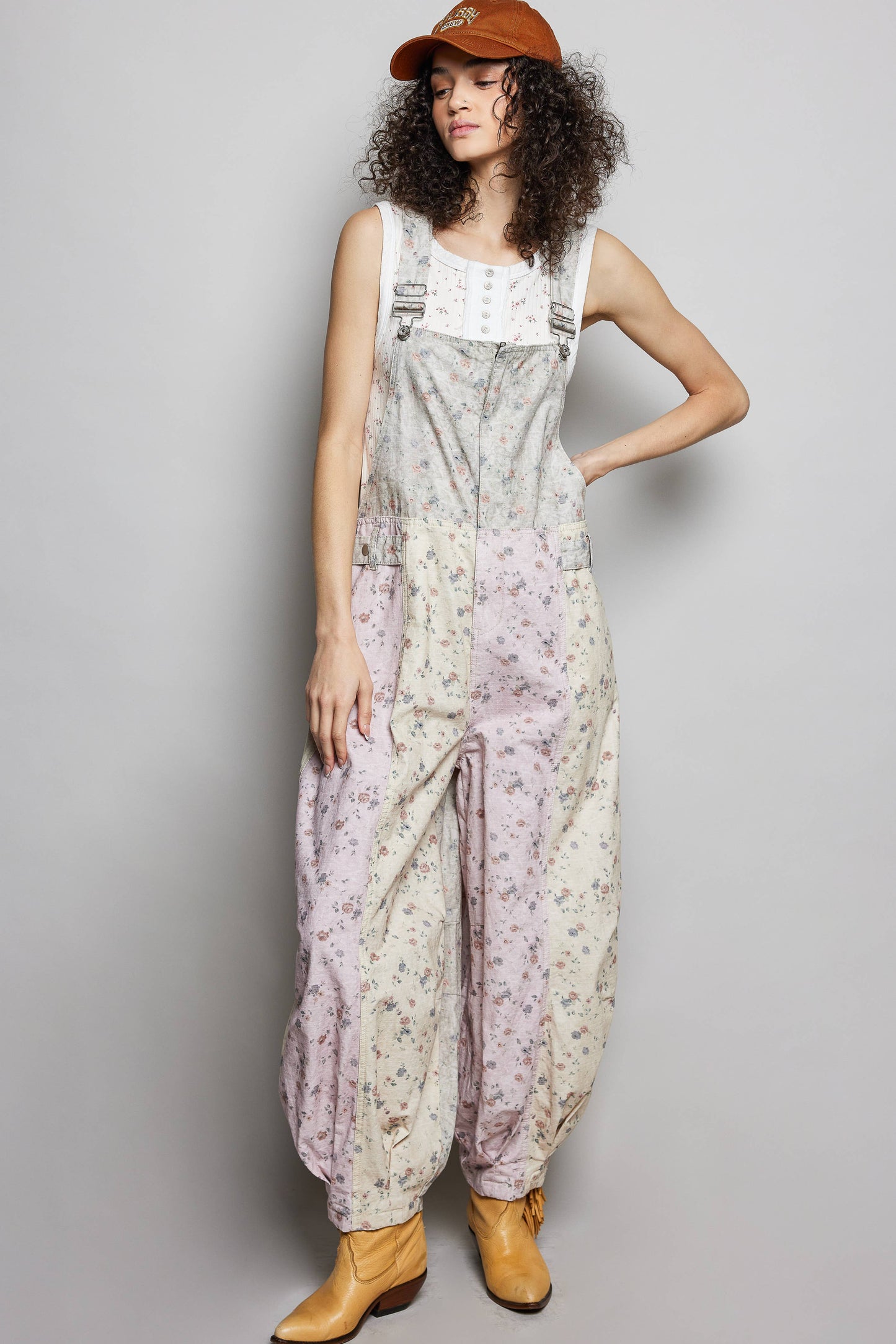 Boho Floral Print Lace Trim Woven Front Zip Overall