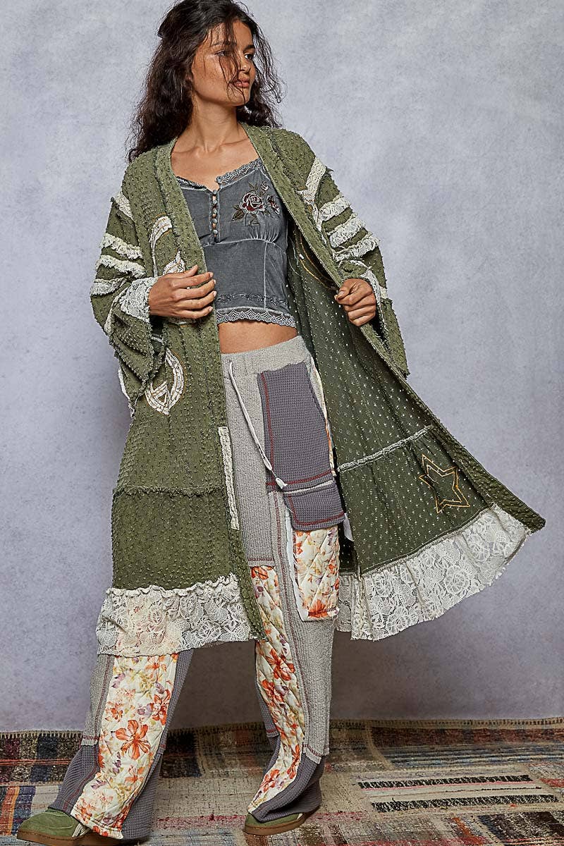 Vintage solid peace patch long cardigan woven top: Black