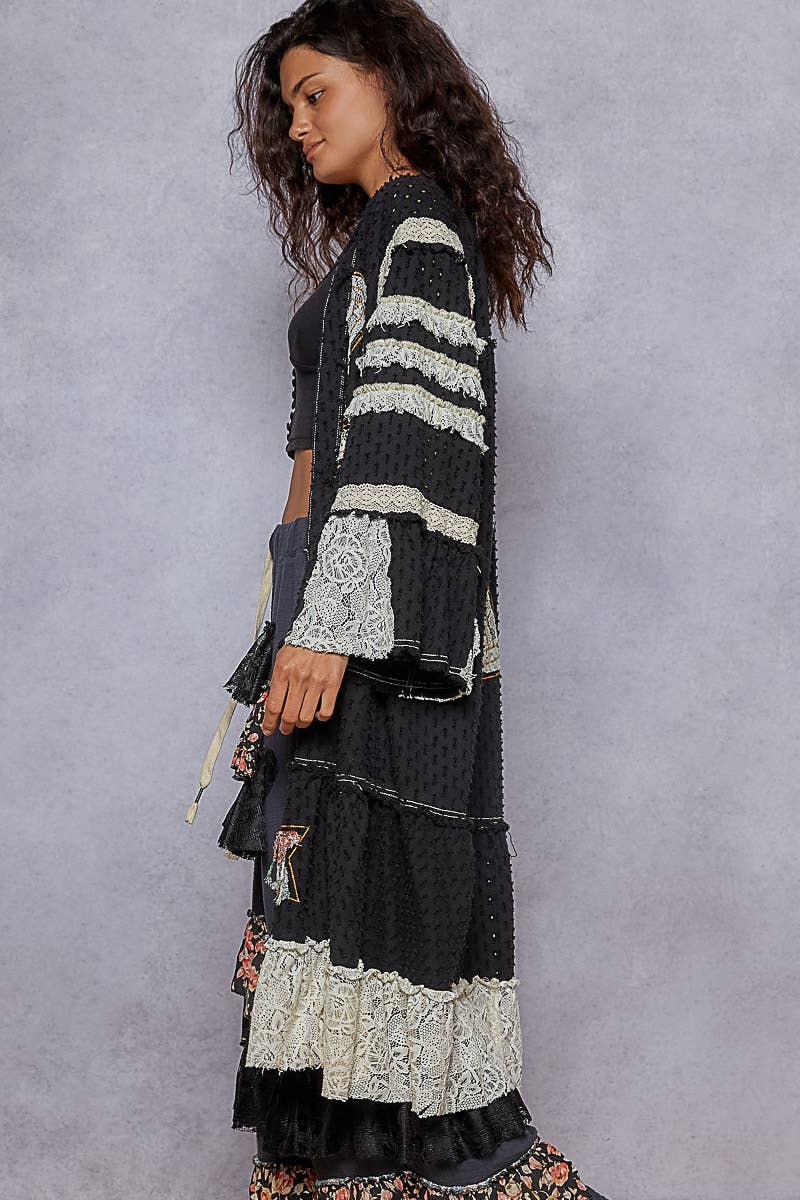 Vintage solid peace patch long cardigan woven top: Black