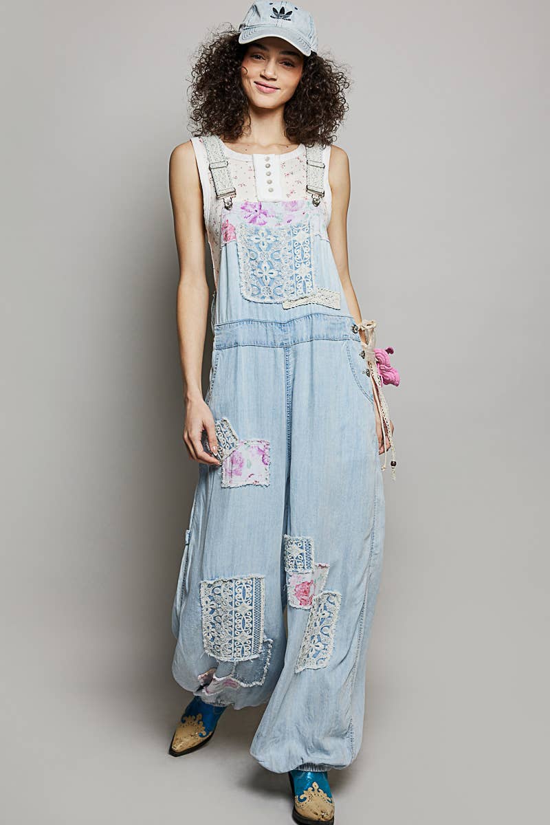 Printed Lace Patch Trim Strap Relaxed Fit Jogger Overall