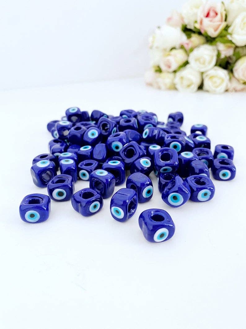 5 Pcs Big Evil Eye Cube Beads, Blue Glass Evil Eye Bead