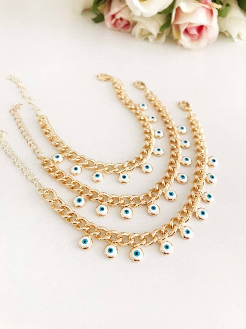 Evil Eye Gold Chain Bracelet, White Evil Eye Bead