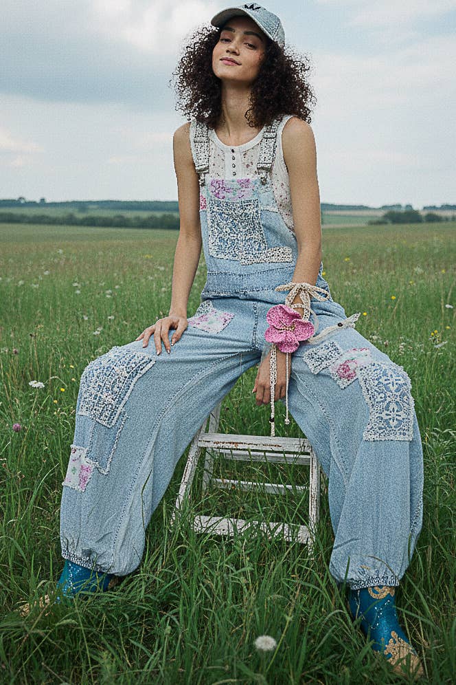 Printed Lace Patch Trim Strap Relaxed Fit Jogger Overall