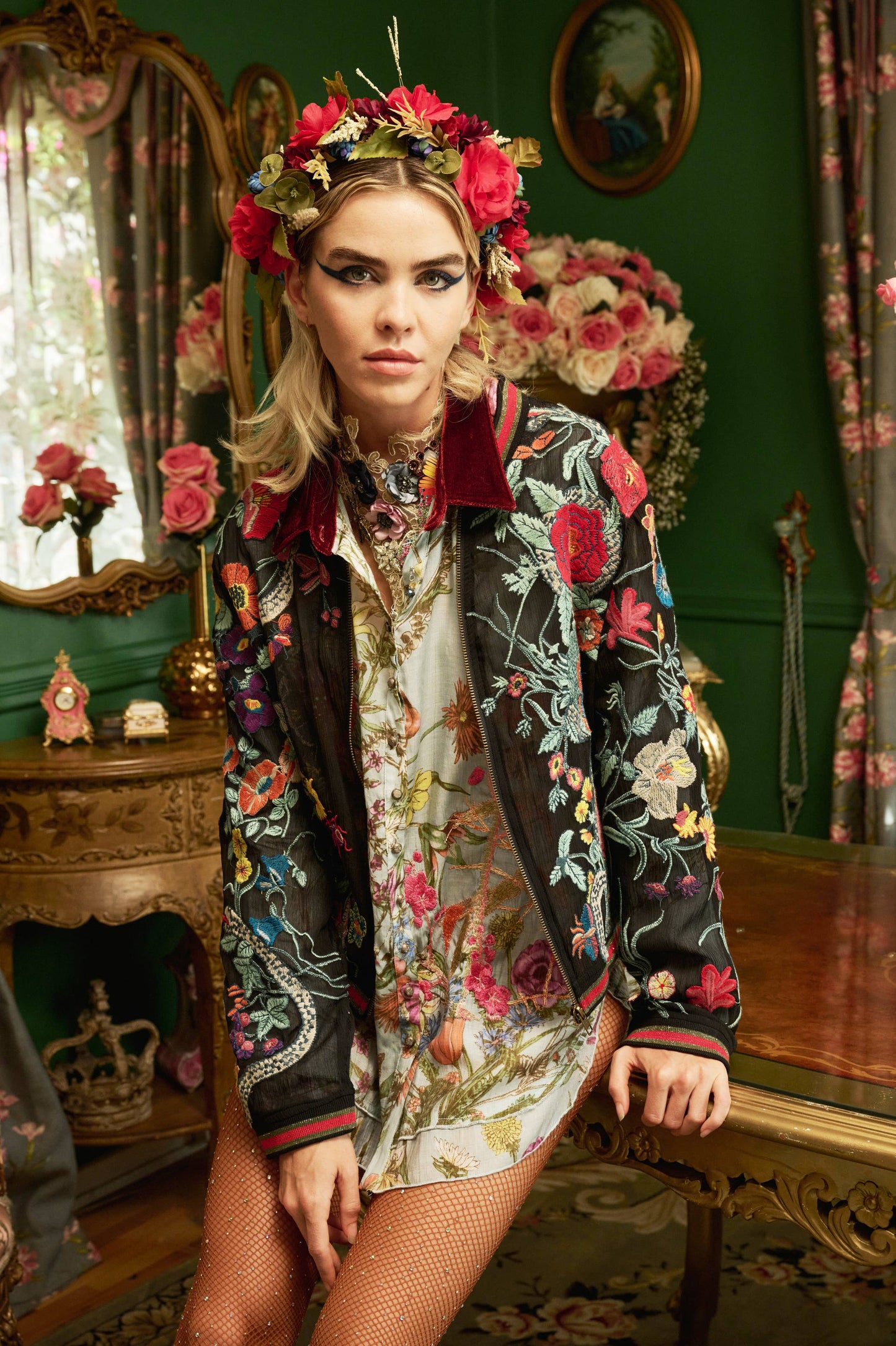 Bellezza Embroidered Bomber Jacket: Black Floral / S