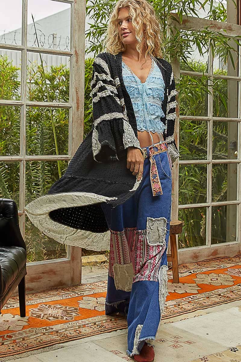 Vintage solid peace patch long cardigan woven top: Black
