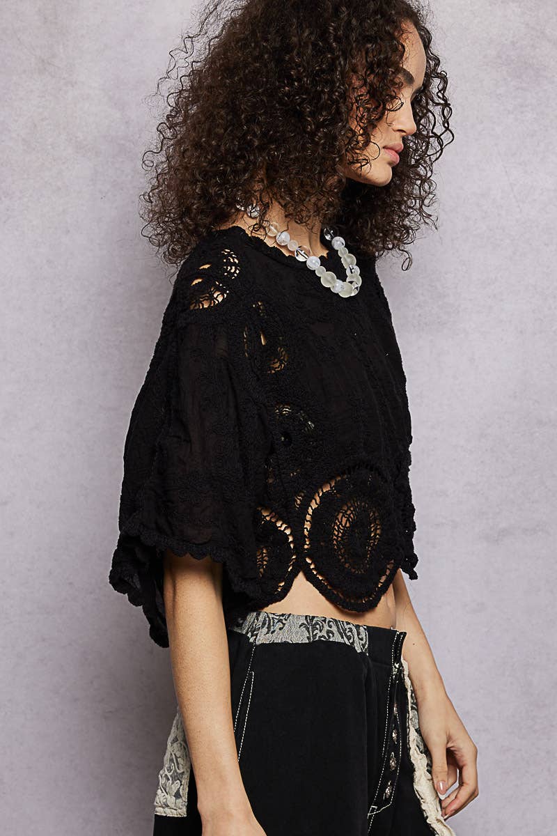 Scalloped knitted border Round Neck Crochet 3/4 Sleeve Top