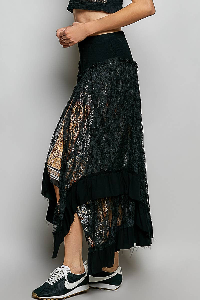 Ruffle Smocked Waist Solid Long Lace Skirt