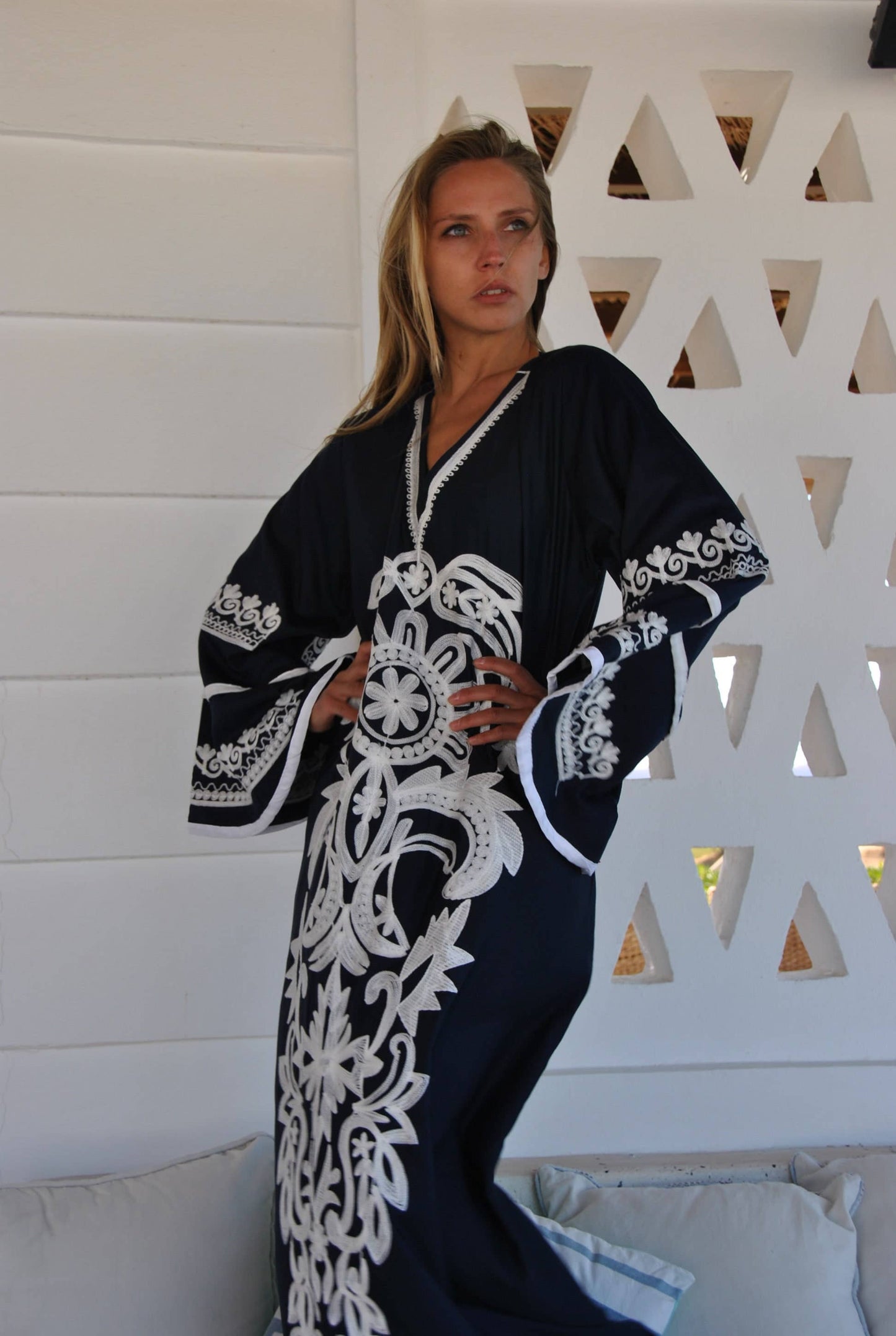 Stunning Navy Blue Embroidered Caftan, Wide Sleeve Caftan: L