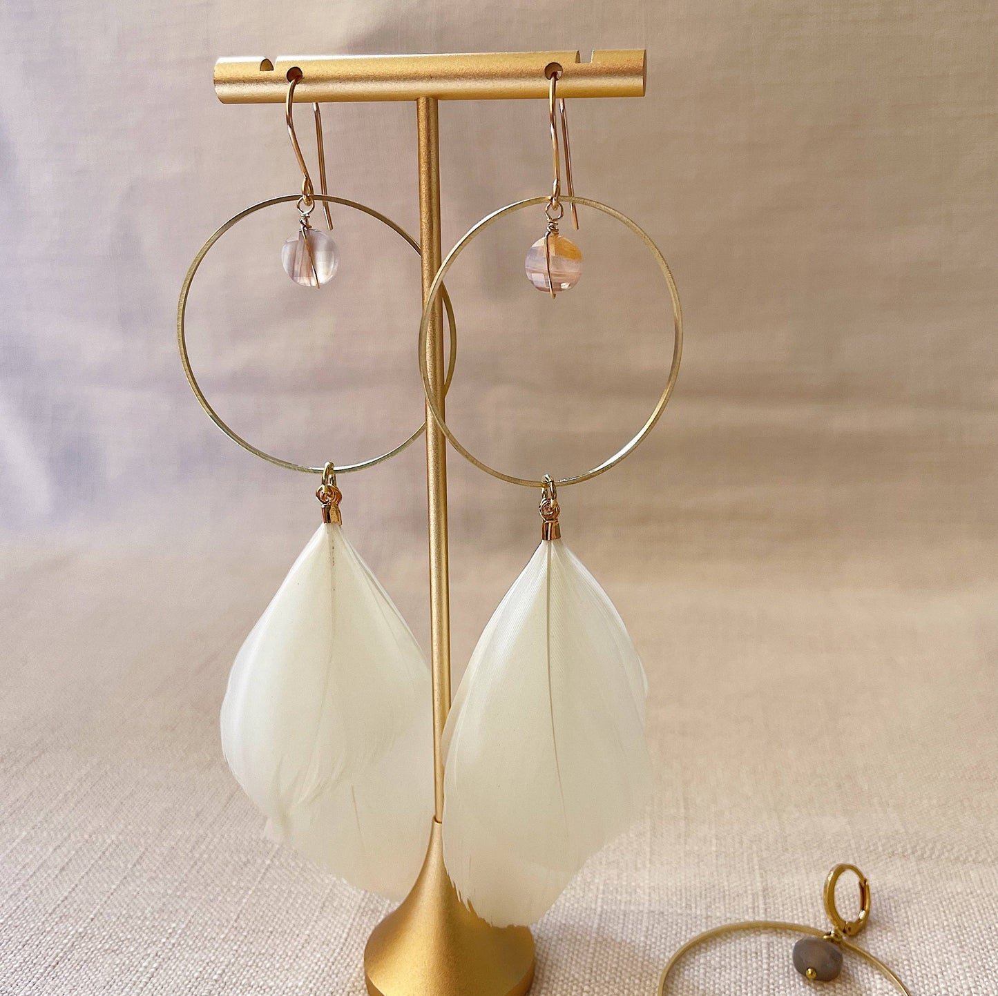 Hoop & Stone Feather Earrings: Brass With Stones