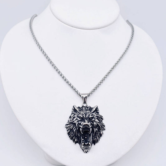 Stainless Steel Wolf Head Charm Pendant Necklace