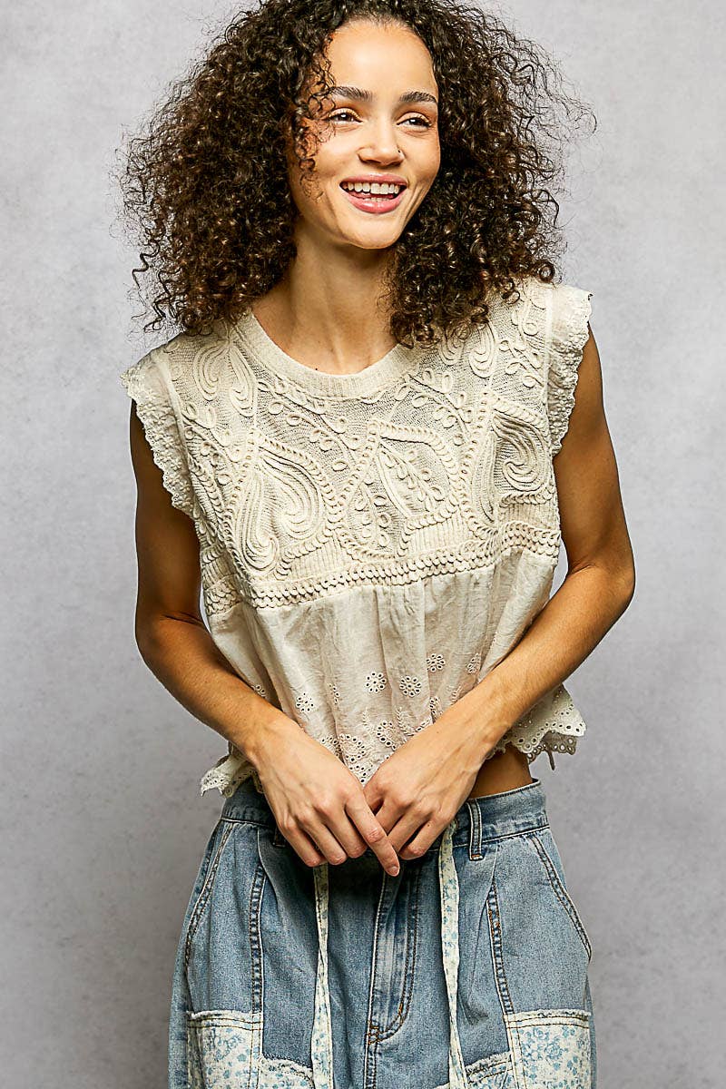 Round Neck Sleeveless Zigzag Border Detail Crochet Top