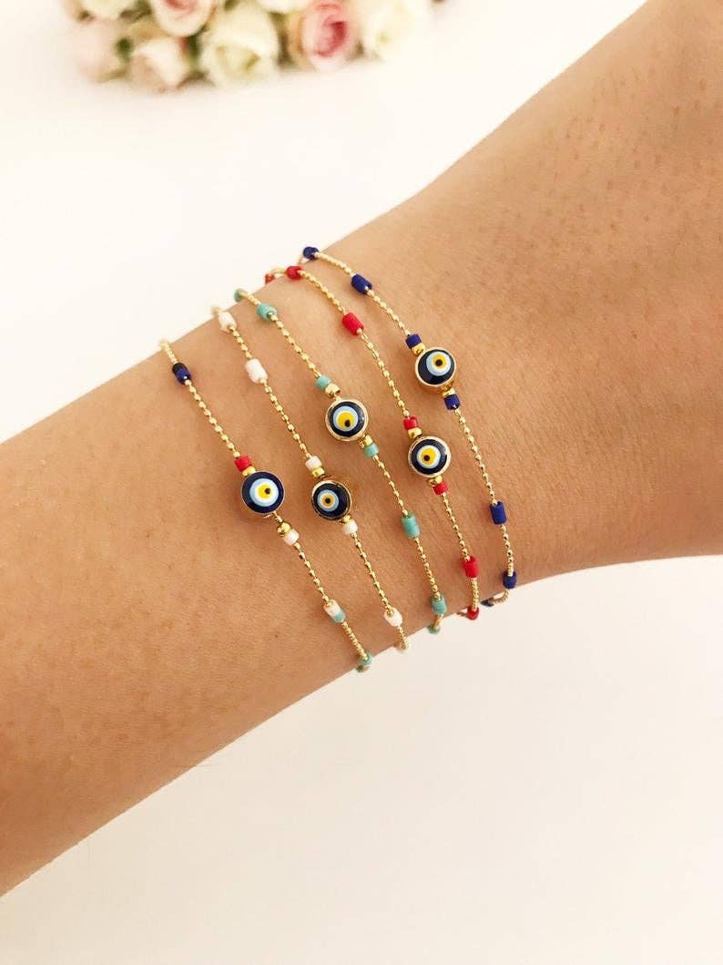 Evil Eye Chain Bracelet, Seed Beads Bracelet, Evil Eye Jewelry