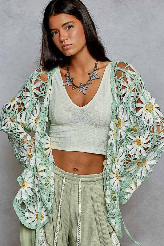 Long sleeve V neck crochet knit open cardigan
