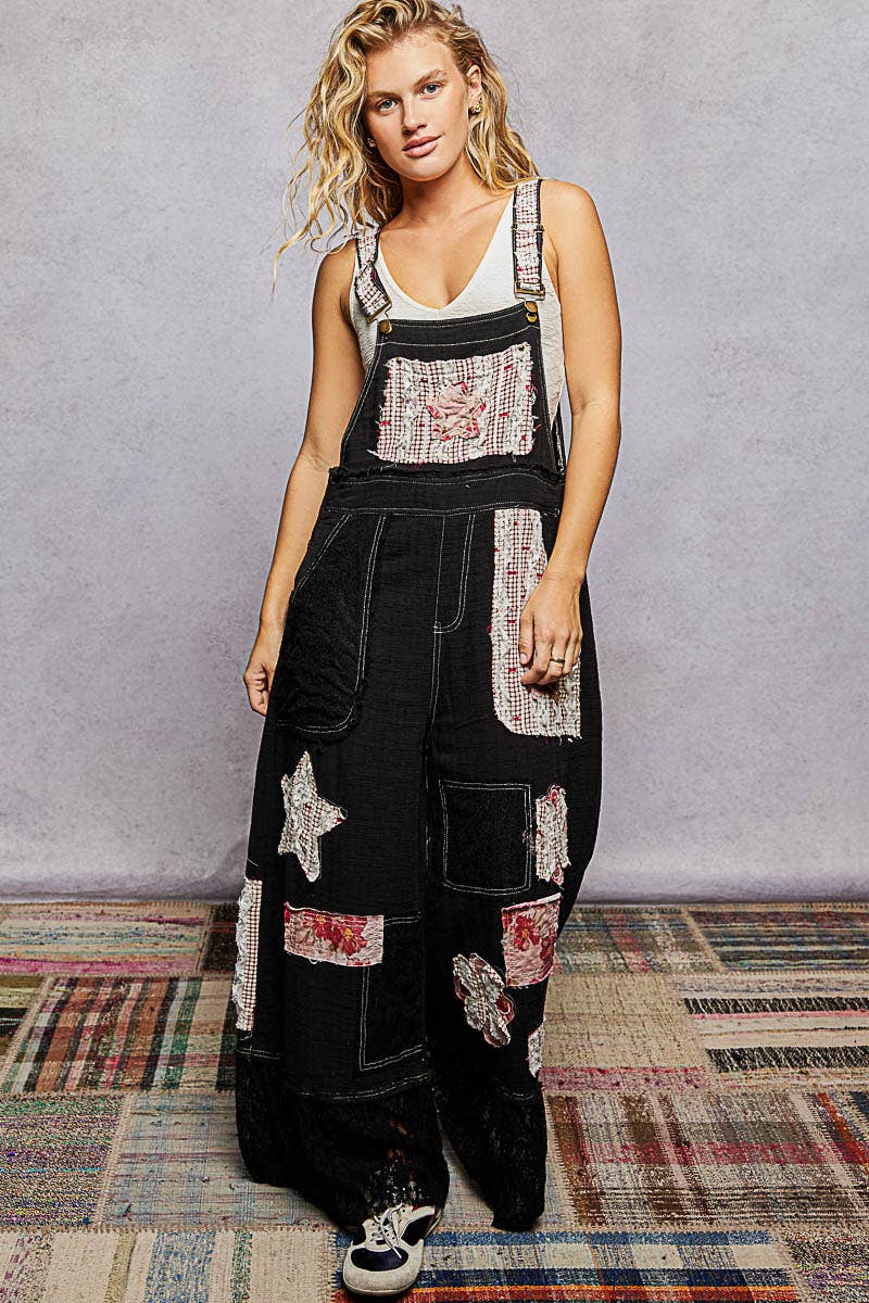 Double Gauze Lace Contrast Side Zipper Patchwork Overalls